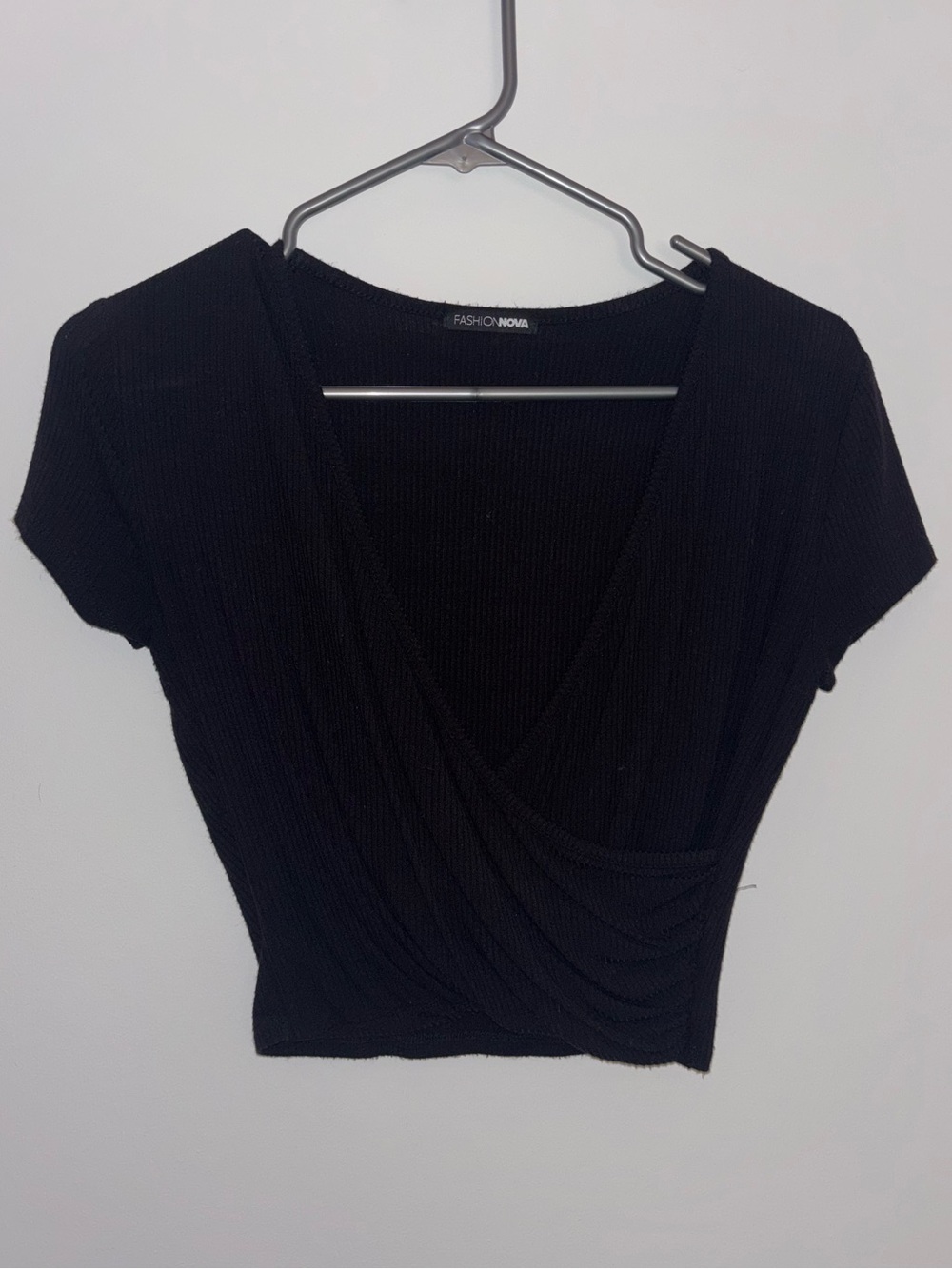 Fashion Nova Black Ribbed Draped V-Neck